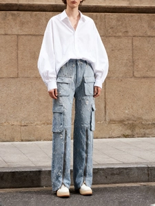 Jeans en Denim Déchirés Taille Haute pour Femmes Streetwear Jambe Large Droite Pantalons Cargo Avec Fermeture Éclair Verticale