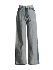 High-waisted wide-leg jeans with stylish two-tone color block patchwork and large pockets
