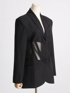 Taillierter schwarzer Blazer mit transparentem Netzeinsatz und Korsett-Stäbchen-Detail