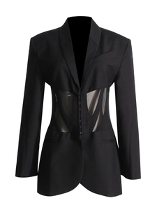 Slim fit black blazer with mesh corset waist and bone structure for women