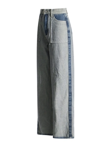 High waist wide leg jeans with contrast color patchwork in light blue wash denim