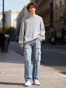 Jean chic bleu clair à jambes larges avec fermetures éclair et détails délavés usés
