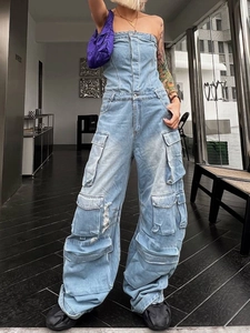 Women's Streetwear Bandeau Denim Jumpsuit High Waist Washed Cargo Wide Leg Multi Pocket Sleeveless Tubetop Jumpsuit