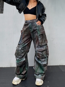 Women High Waist Multi Pocket Cargo Jeans Retro Graffiti Loose Wide Leg Denim Pants Streetwear Oversized Fashion Trouser