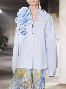 Camicia azzurra a maniche lunghe con volant floreale 3D sulla spalla in stile francese