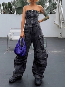 Fashionable strapless dark grey denim cargo jumpsuit with waist cinching and wide leg