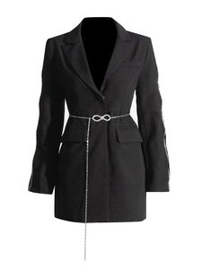 Fashionable black blazer dress with rhinestone sleeves and pearl chain waist belt for women
