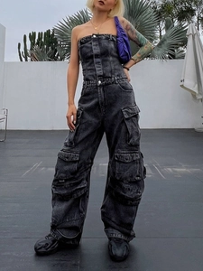 Slim-fit strapless denim jumpsuit in dark grey wash with utility cargo pockets