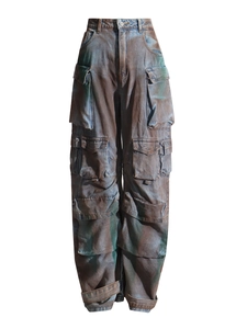 Graffiti Cargo Jeans with multiple pockets and vintage distressed wash finish for women