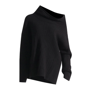 Detailed view of black off-shoulder knit sweater featuring vertical ribbed texture