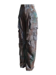 Graffiti cargo jeans for women with wide leg and vintage washed distressed style