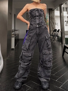 Fashionable dark grey washed denim strapless jumpsuit with multiple utility cargo pockets