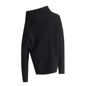 Detail of black off-shoulder knit sweater showing vertical ribbed texture and elastic fabric