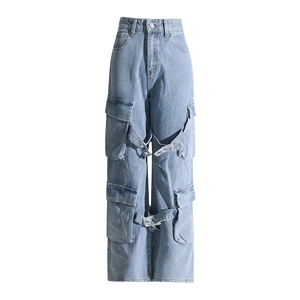 Detailed view of high-waisted light blue cargo jeans with side straps and large pockets
