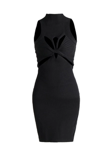 Εφαρμοστό μαύρο πλεκτό φόρεμα bodycon με σχέδιο κόμπου και άνοιγμα στη λαιμόκοψη