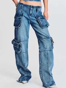 Women High Waist Denim Cargo Pants Vintage Washed Multi-Pocket Straight Leg Work Style Streetwear Denim Trousers