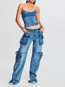 Women's streetwear high-waisted cargo jeans and denim corset top set in washed blue