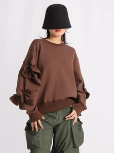 Women's Fashion Round Neck Sweatshirt With Bow Ruffle Detail Lantern Sleeve Loose Cotton Blend Pullover Casual Street Top