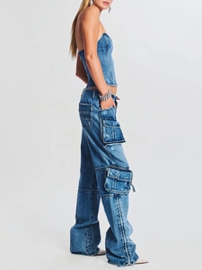Women's high waist cargo jeans and denim corset top set with oversized pockets