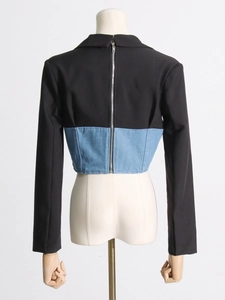 Women's slim fit long sleeve blazer featuring denim patchwork and a full back zipper