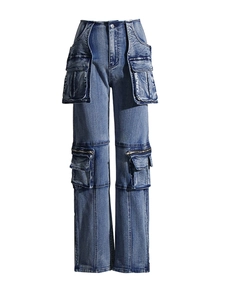 Women's high waist straight leg cargo jeans with multiple pockets in washed blue denim