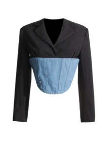 Modern slim fit blazer with denim corset patchwork and notched lapels for women