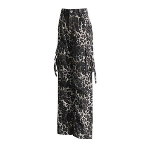 Detail view of leopard print cargo pants with high waist and side flap pockets