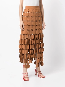 Brown midi skirt featuring a unique 3D circular patchwork design and hollow-out texture