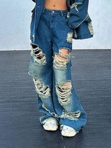 Pantaloni Donna Vita Alta Strappati Gamba Larga Denim Sfilacciati Distressed Streetwear Casual Lunghi Street Style Blu