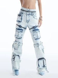 Jean Cargo Déconstruit High Street pour Femmes Bleu Clair Lavage à l'Acide Dégradé Multi Poches Fermeture Éclair Denim Mode