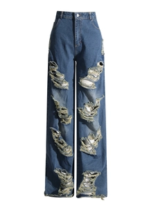 Jeans a gamba larga a vita alta blu scuro con design strappato e dettagli sfrangiati