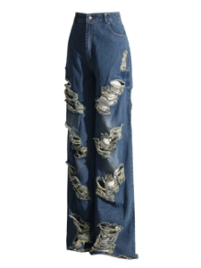 Jeans a gamba larga a vita alta blu scuro con strappi e dettagli in stile streetwear