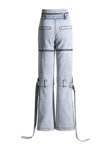 Jean cargo femme bleu clair délavé à l'acide avec sangles à boucle ajustables