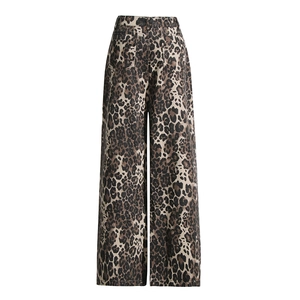 Detail view of high-waist leopard print wide-leg pants featuring functional back pockets