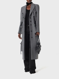 Langer grauer Wollmantel für Damen mit Multi-Taschen-Design und Zierbändern