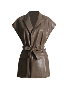 Gilet alla moda in pelle PU marrone con colletto a revers e cintura regolabile da donna