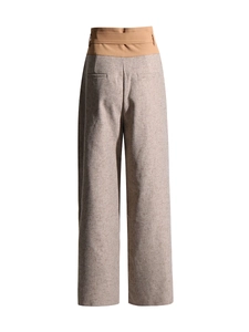 High waist wide leg pants with khaki contrast patchwork and belt, back view