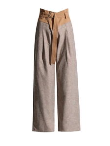 High-waisted wide-leg trousers featuring a unique khaki and brown contrast patchwork design
