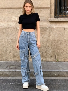 Women's High Waist Multi Pocket Cargo Jeans Washed Light Blue Wide Leg Straight Denim Pants With Straps Streetwear Fashion