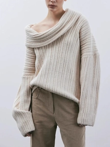 Off-shoulder oversized knit sweater in cream white with loose fit and ribbed texture