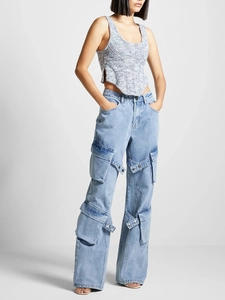 Women's light blue multi-pocket cargo jeans with adjustable straps and straight-leg fit