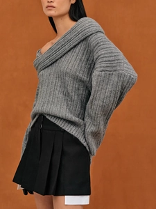Chic off-the-shoulder grey knitted sweater with wide lapel and vertical rib texture