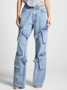Vintage high waist wide leg cargo jeans in light wash denim with multi-pocket design