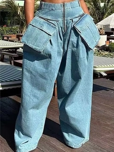 Jeans Cargo à Jambe Large et Taille Haute pour Femmes Pantalon en Denim de Coton Délavé Avec Grandes Poches Coupe Large Vintage