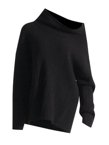 Chic black off-shoulder loose rib-knit sweater with unique irregular asymmetrical neckline