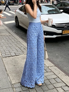 Women High Waisted Wide Leg Pants Elegant Cutout Embroidery Hollow Out Polyester Cotton Blend Trousers Spring Fashion Slimming