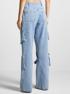 Women's light blue high-waisted wide-leg cargo jeans with retro multi-pocket design