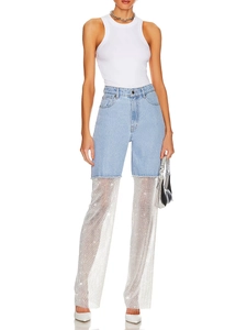 Women High Waist Straight Denim Jeans Rhinestone Fishnet Patchwork Hollow Out Streetwear Party Slim Blue Long Pants