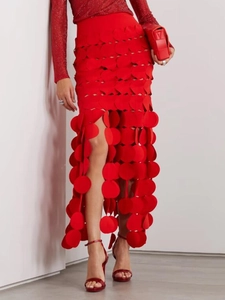 Women's High Waist Hollow Out Midi Skirt Elegant Avant-Garde Circular Scale Laser Cut Split Party Tassel Straight Skirt