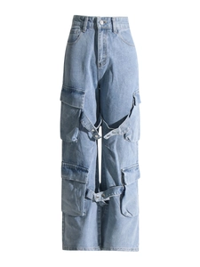Women high waisted light blue washed cargo jeans with multi-pockets and ribbon straps